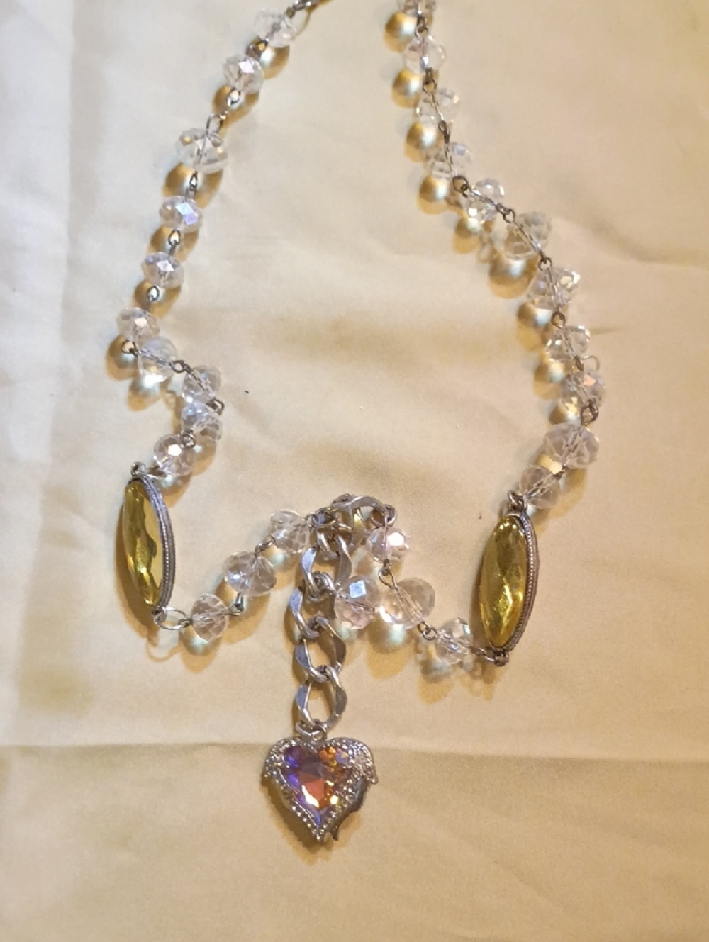 Crystal Bead Necklace with Yellow Marquise Accents and Heart Pendant